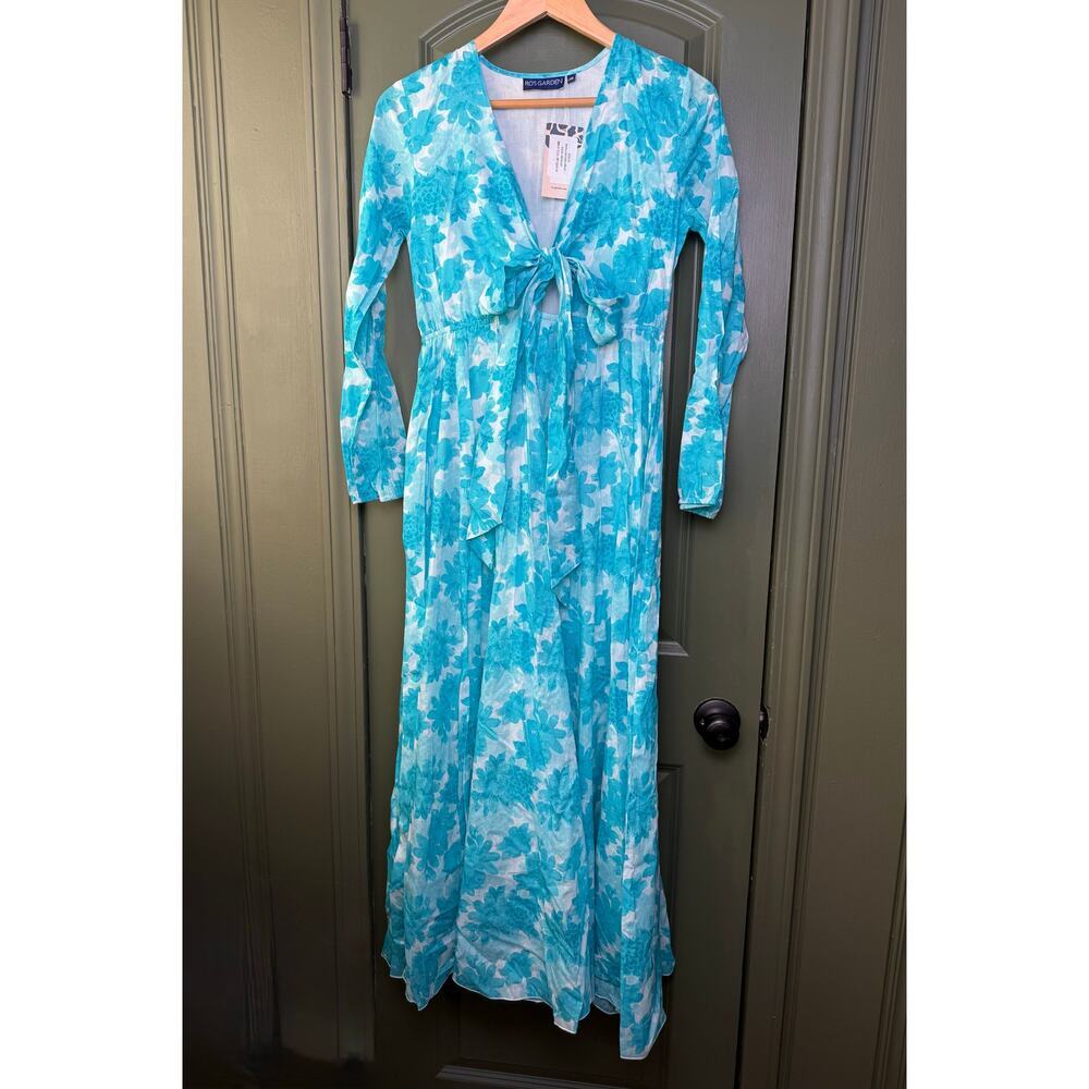 NWT Ro's Garden Angela Maxi Coastal Floral Resort Dress Blue Aqua Messina XS